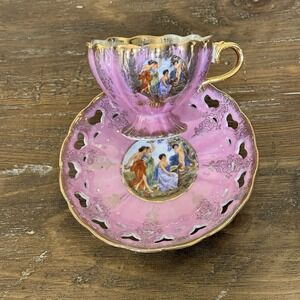 VTG Lefton China Teacup & Saucer Pink Iridescent Hand Painted Heart Rim